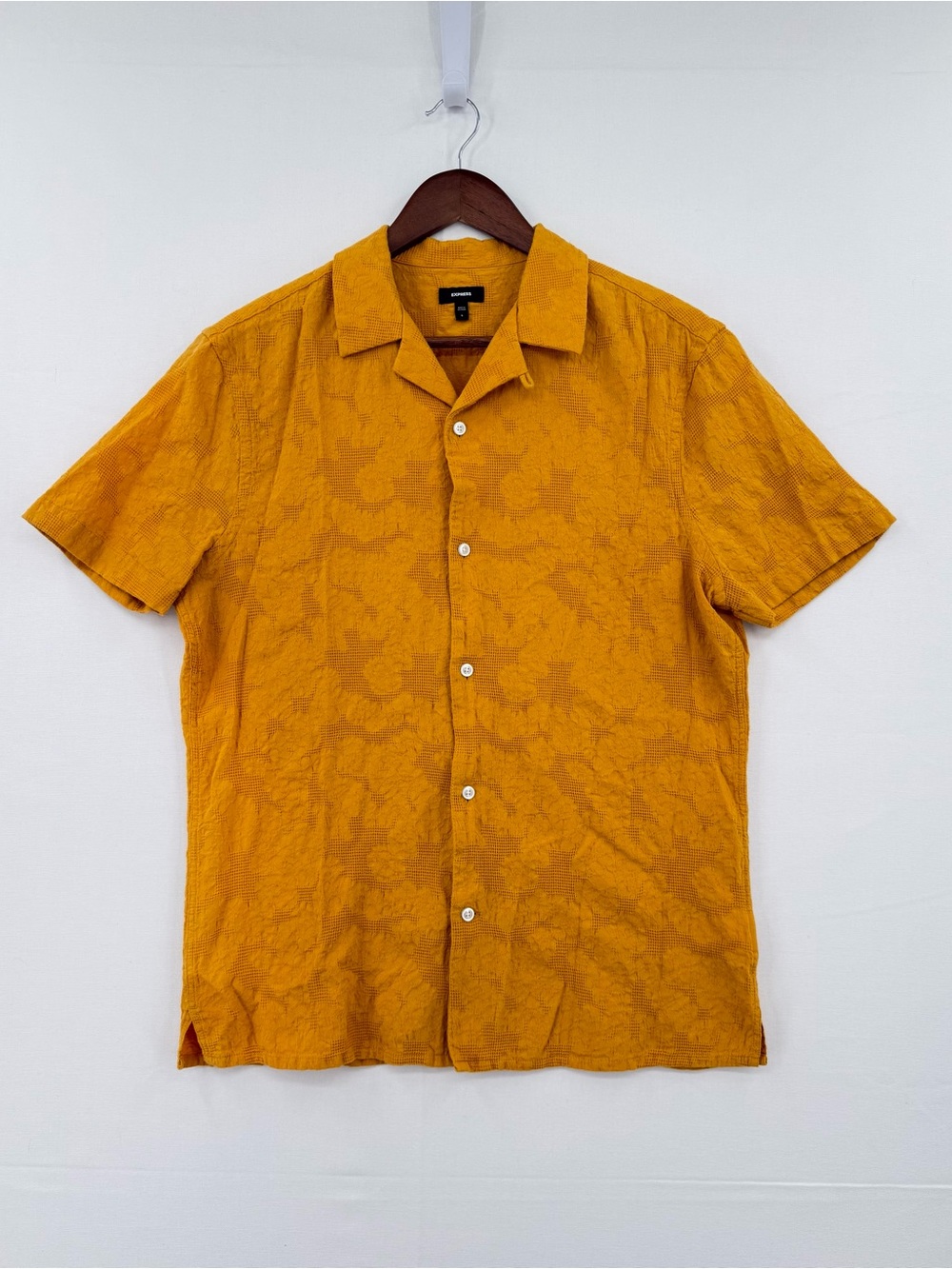 Express Men’s Mustard Yellow Textured Camp Collar Button Up Shirt Size Small